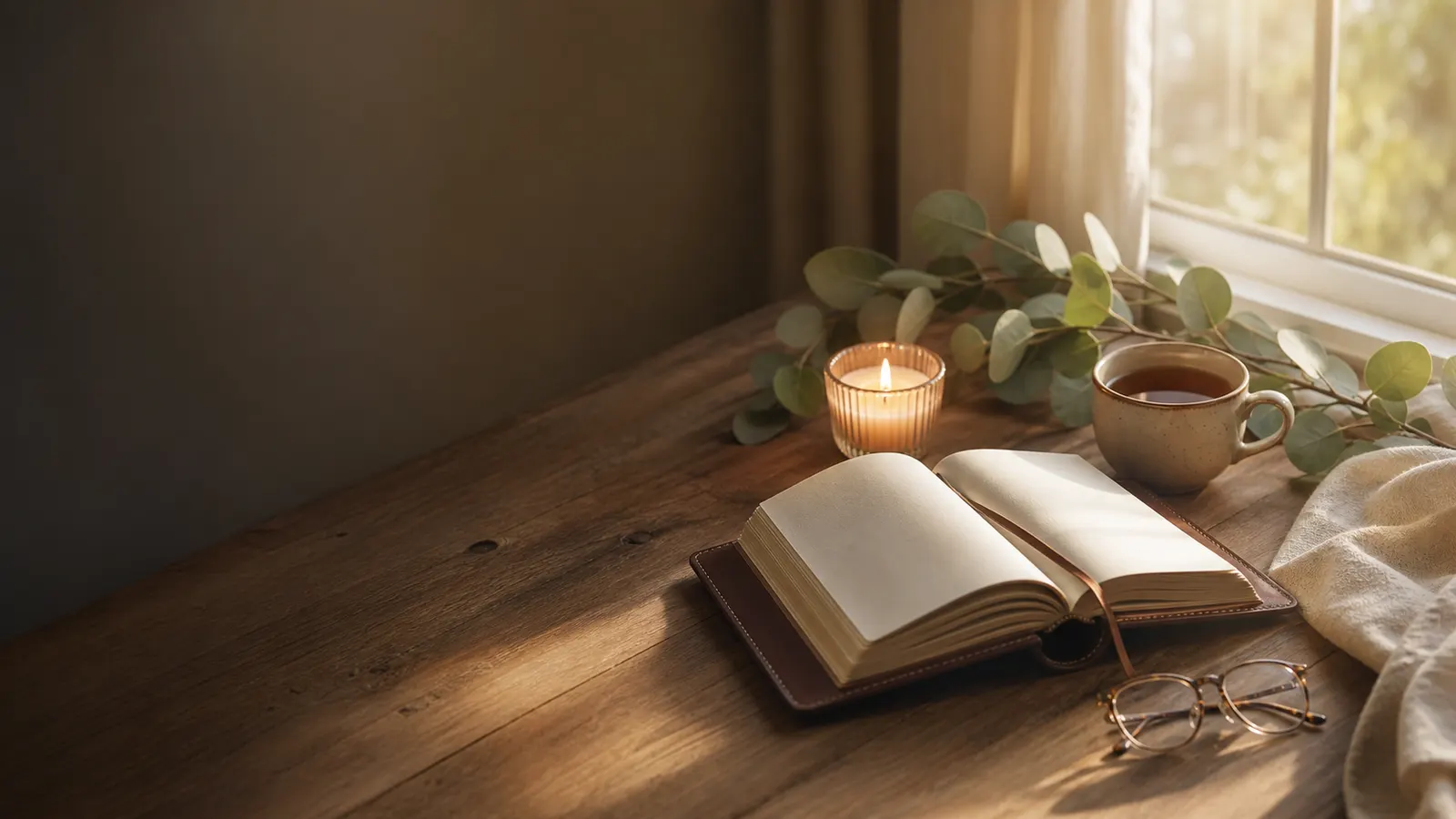 An open journal, a lit candle, tea and eucalyptus in warm morning light
